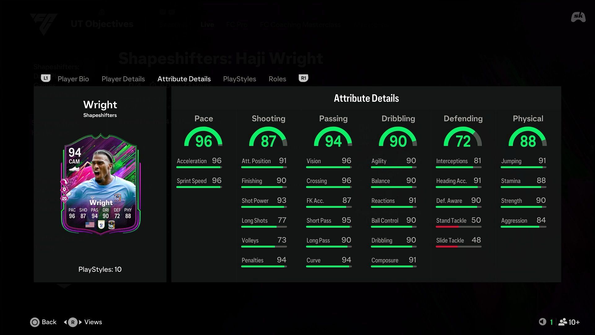 Stats of Haji Wright Shapeshifter in EA FC 25 Ultimate Team (Image via EA Sports/SK Gaming)